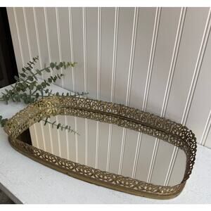 Vintage Gold Metal Oval Mirror Tray Filigree Ormolu Vanity Dresser Tray | 16 x 9